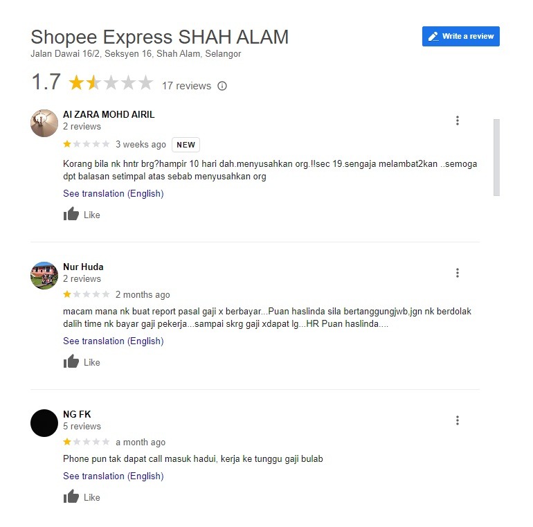 review pelanggan di Google Kepada Shah Alam Hub Shopee Express