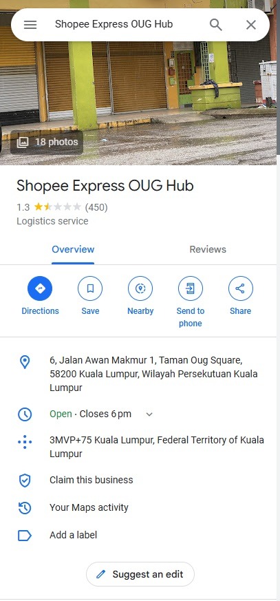 OUG Hub Shopee Express Alamat, Waktu Operasi Dan No